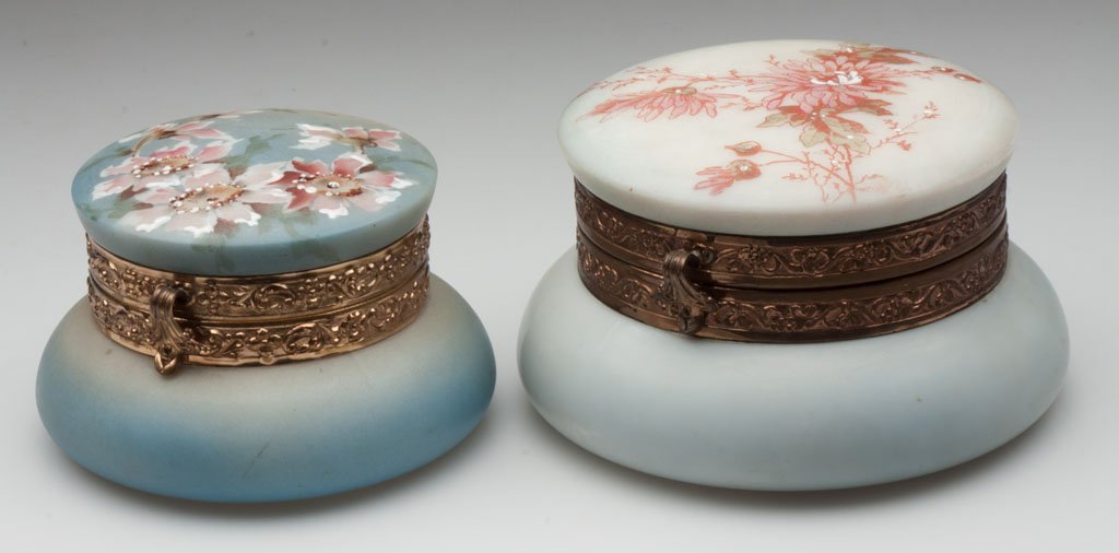 C. F. MONROE JEWEL BOXES, LOT OF TWO: C. F. MONROE JEWEL BOXES, LOT OF TWO, both shaded light blue, example with hand-painted floral decoration marked "NAKARA / C. F. M. CO." under base, other example with transfer floral decoration not m