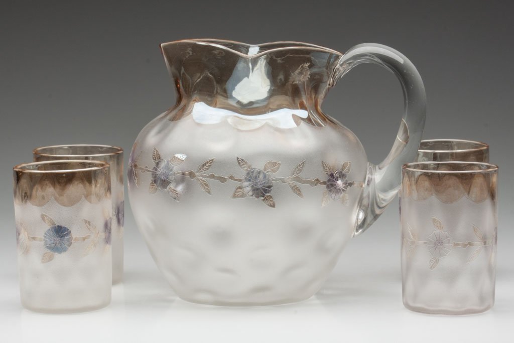 POMONA - SECOND PATENT ETCHING ASSEMBLED FIVE-PIEC: POMONA - SECOND PATENT ETCHING ASSEMBLED FIVE-PIECE WATER SET, colorless with light amber iridescence and light blue staining, cornflower garland decoration, comprising a ball form spot optic water pi