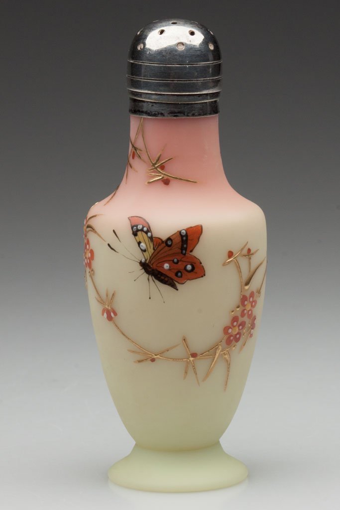 WEBB DECORATED BURMESE SALT SHAKER: WEBB DECORATED BURMESE SALT SHAKER, plush finish, delicate butterfly and flower decoration, two-part silver-plate slide-on lid. Thomas Webb and Sons, England. Fourth quarter 19th century. 4" H. Litera