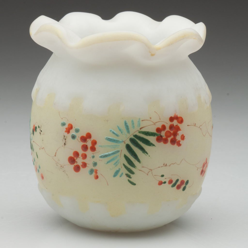 MT. WASHINGTON DENTIL TEETH / PARALLEL GREEK KEY T: MT. WASHINGTON DENTIL TEETH / PARALLEL GREEK KEY TOOTHPICK HOLDER, opaque white with yellow ground and polychrome berry and floral decoration, satin finish, ruffled rim, polished pontil mark. Mt. Wash