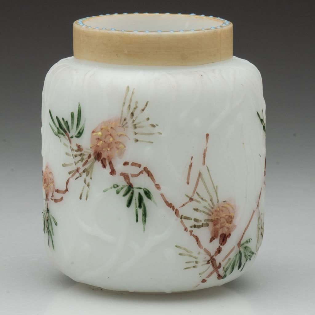 MT. WASHINGTON BARK SURFACE TOOTHPICK HOLDER: MT. WASHINGTON BARK SURFACE TOOTHPICK HOLDER, opaque white with shaded mustard yellow rim with tiny bead decoration, polychrome floral decoration, satin finish. Mt. Washington Glass Co. Fourth quarter