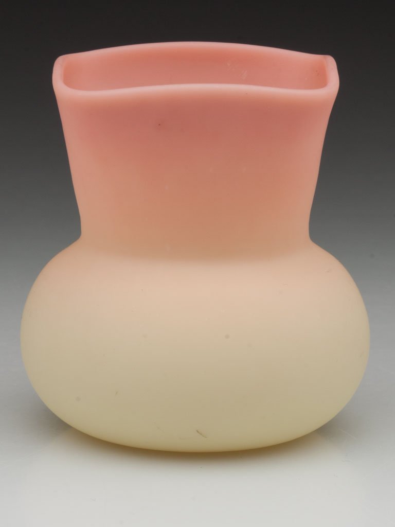 MT. WASHINGTON BURMESE NO. 60 1/2 TOOTHPICK HOLDER: MT. WASHINGTON BURMESE NO. 60 1/2 TOOTHPICK HOLDER, satin or plush finish, bulbous base with square top, undecorated, polished pontil mark. Mt. Washington Glass Co. Fourth quarter 19th century. 2 3/4"