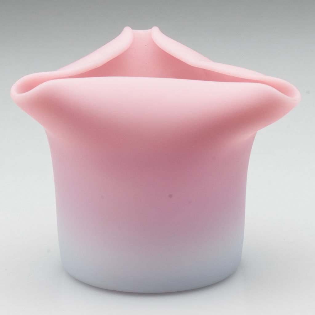 PEACHBLOW TRI-CORNER RIM TOOTHPICK HOLDER: PEACHBLOW TRI-CORNER RIM TOOTHPICK HOLDER, satin finish, polished base. Possibly Mt. Washington Glass Co. Fourth quarter 19th century. 2" HOA. Provenance: The collection of the late Richard "Dick" and