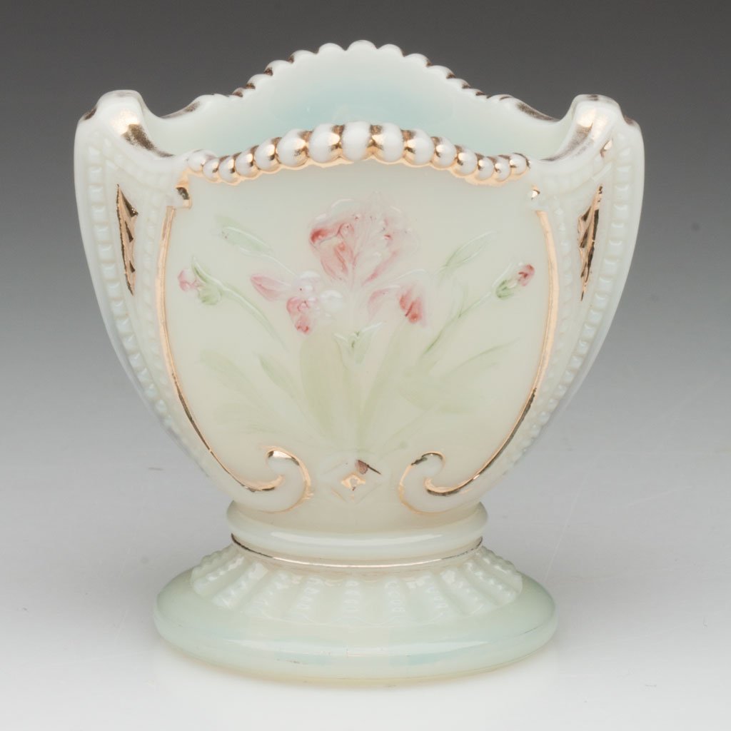WILD BOUQUET TOOTHPICK HOLDER: WILD BOUQUET TOOTHPICK HOLDER, custard with stained and gilt decoration. Northwood Glass Co. Early 20th century. 2 1/2" HOA. Provenance: The collection of the late Richard "Dick" and Mary Ann Krauss o