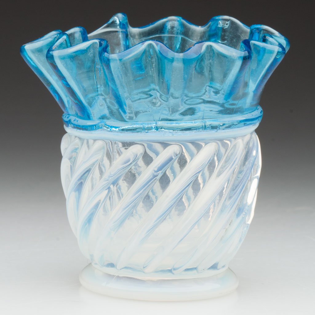 ADONIS SWIRL / GONTERMAN SWIRL TOOTHPICK HOLDER: ADONIS SWIRL / GONTERMAN SWIRL TOOTHPICK HOLDER, colorless opalescent with blue top. Aetna Glass & Mfg. Co. Fourth quarter 19th century. 2 1/2" H. Provenance: The collection of the late Richard "Dick"