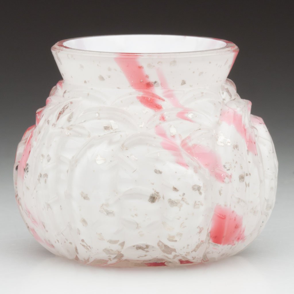NORTHWOOD NO. 333 / LEAF MOLD SPATTER TOOTHPICK HO: NORTHWOOD NO. 333 / LEAF MOLD SPATTER TOOTHPICK HOLDER, cased opal with cranberry flakes and silver mica flecks, factory-polished rim. Northwood Glass Co. Late 19th/early 20th century. 1 7/8" H. Prove