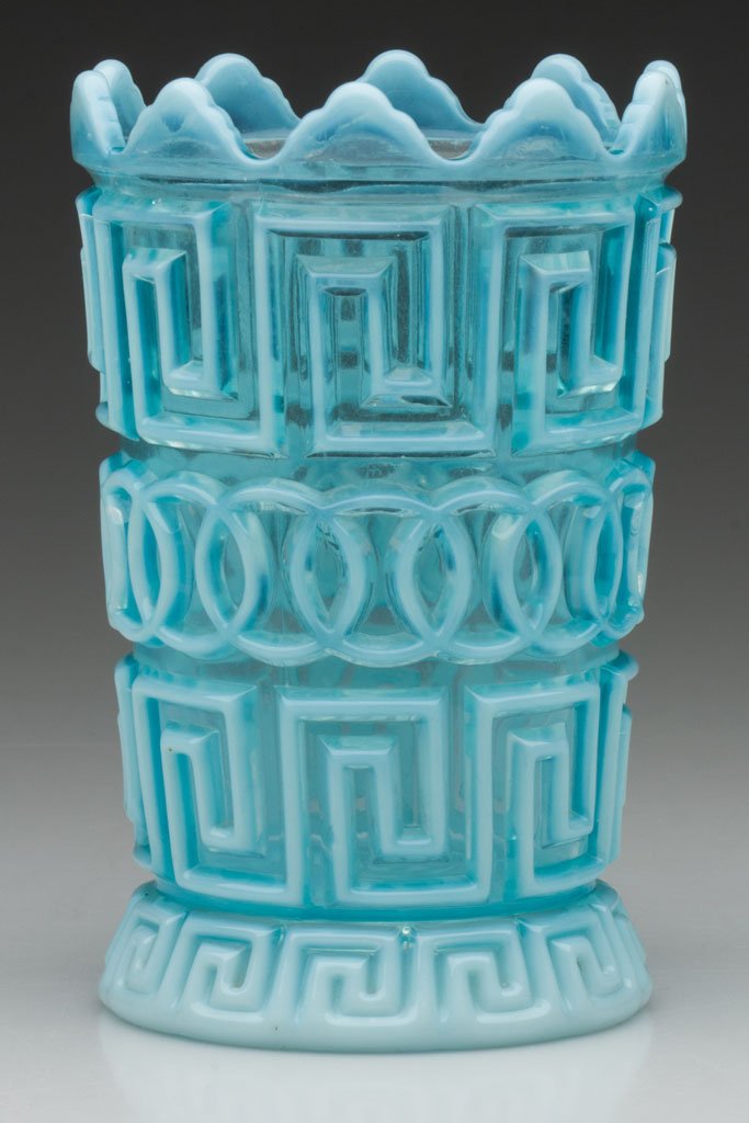 DOUBLE GREEK KEY SPOONER: CATALOG UPDATE JAN. 22, 2013: DOUBLE GREEK KEY SPOONER, blue opalescent. Nickel Plate Glass Co. Late 19th/early 20th century. 6" H. Provenance: The collection of the late Richard "Dick" and Mary Ann K