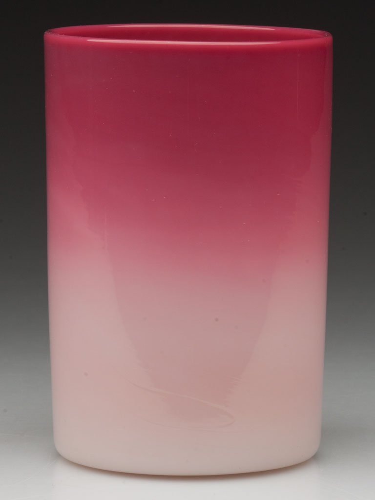 NEW ENGLAND PEACHBLOW TUMBLER: NEW ENGLAND PEACHBLOW TUMBLER, rose to white with glossy finish, polished pontil mark. New England Glass Co. Fourth quarter 19th century. 3 3/4" H. Provenance: Collection of Virginia & Vladimir Weiss,