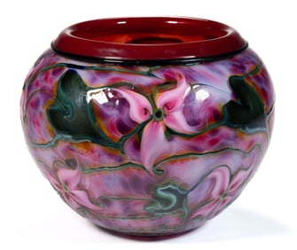 CHARLES LOTTON (AMERICAN, 1935-2021) MULTI-FLORA IRIDESCENT STUDIO ART GLASS VASE