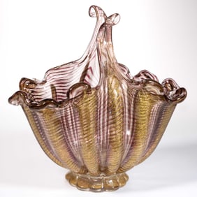 BAROVIER AND TOSO MURANO CORDONATO AVENTURINE DECORATED ART GLASS BASKET