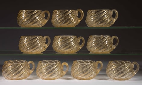 ARCHIMEDE SEGUSO (ITALIAN, 1909-1999) MURANO SWIRLED AVENTURINE DECORATED SET OF TEN CUPS