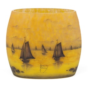 DAUM NANCY SAILBOATS ACID-ETCHED AND ENAMEL-DECORATED PILLOW VASE