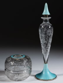 FRENCH GUILLOCHE FLORAL CUT ART GLASS DRESSER ARTICLES, LOT OF TWO