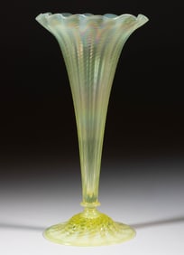 ENGLISH RIBBED IRIDESCENT VASELINE OPALESCENT LILY-FORM VASE