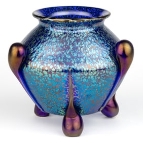 LOETZ COBALT PAPILLON APPLIED LILY PADS IRIDESCENT ART GLASS VASE