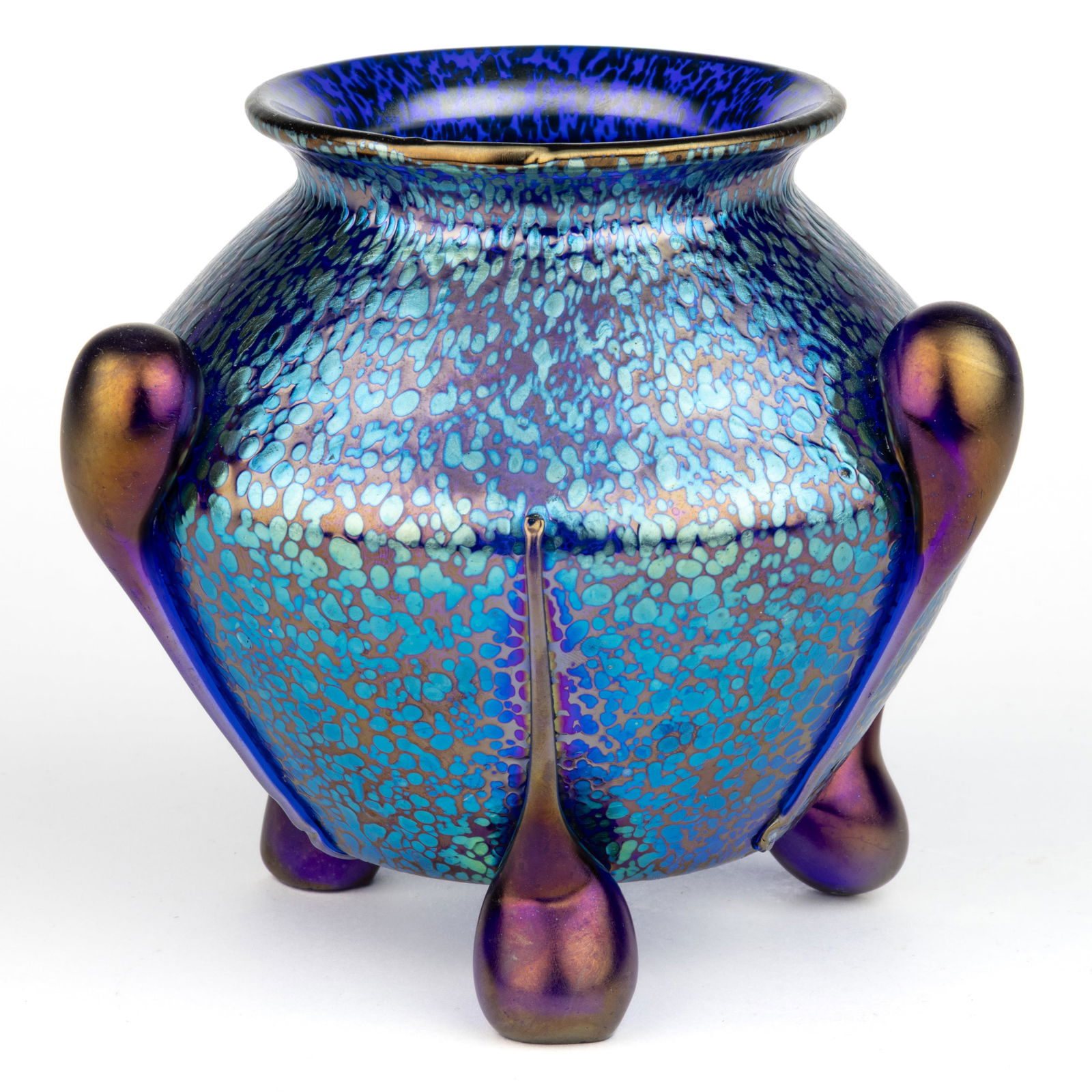 LOETZ COBALT PAPILLON APPLIED LILY PADS IRIDESCENT ART GLASS VASE: LOETZ COBALT PAPILLON APPLIED LILY PADS IRIDESCENT ART GLASS VASE, cobalt blue iridescent, urn form vase with six applied lily pads with three acting as feet and two being polished to level, acid