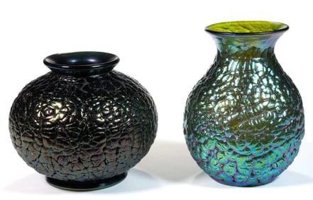 IRIDESCENT BRAINS ART GLASS VASES, LOT OF TWO