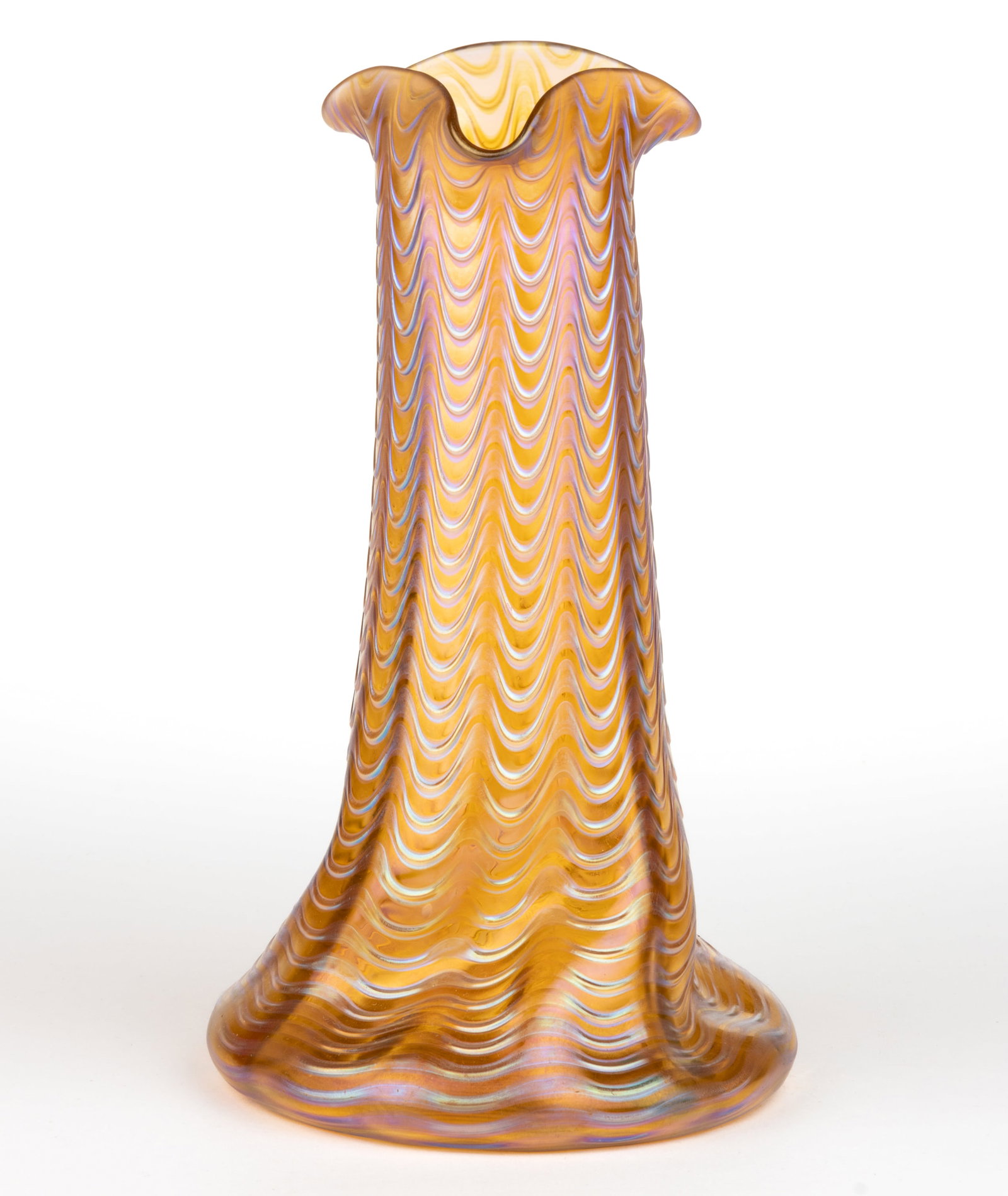 LOETZ ATTRIBUTED IRIDESCENT ART GLASS VASE: LOETZ ATTRIBUTED IRIDESCENT ART GLASS VASE, orange iridescent, wave decoration with a triangular formed rim, polished pontil mark. First quarter 20th century. 9 3/4" H. Provenance: Propert