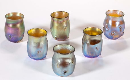 TIFFANY FAVRILE PIGTAIL PRUNTS LIQUOR TUMBLERS, NEAR SET OF SIX