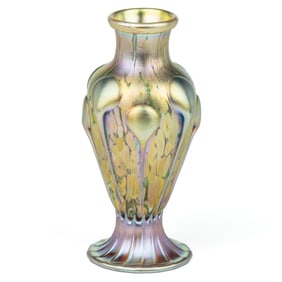 QUEZAL APPLIED LILY-PADS IRIDESCENT ART GLASS VASE