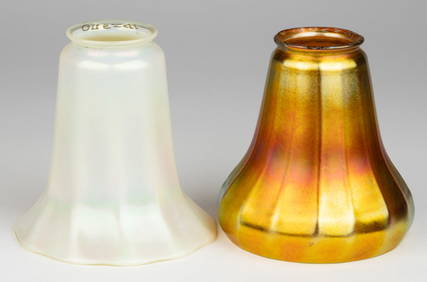 SIGNED QUEZAL IRIDESCENT ART GLASS LAMP SHADES, LOT OF TWO (1 of 2)