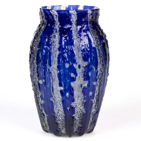 DURAND ATTRIBUTED RIBBED CRACKLE ART GLASS VASE