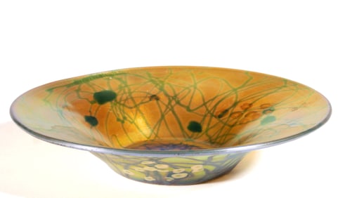 STEUBEN ATTRIBUTED MILLEFIORI AND VINE IRIDESCENT ART GLASS DISH