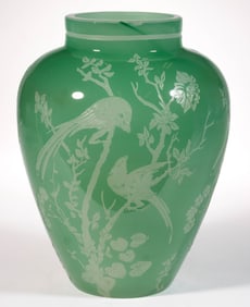 STEUBEN BIRDS ACID-ETCHED ART GLASS VASE