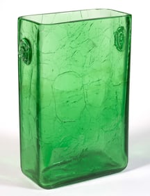 STEUBEN ATTRIBUTED LION PRUNTS CRACKLED ART GLASS RECTANGULAR BLOCK VASE