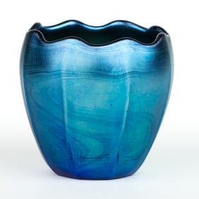 STEUBEN AURENE BLUE IRIDESCENT ART GLASS MINIATURE VASE