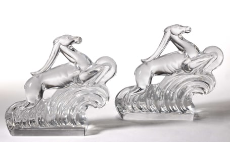 STEUBEN FIGURAL CRYSTAL GAZELLE ART GLASS PAIR OF SCULPTURES