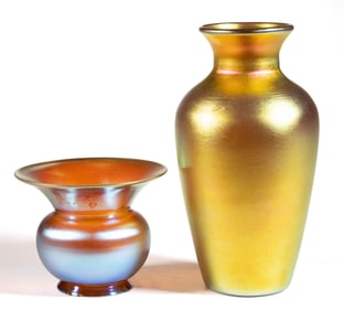 STEUBEN GOLD AURENE AND OTHER IRIDESCENT ART GLASS VASE, LOT OF TWO