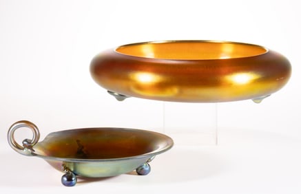 STEUBEN GOLD AURENE IRIDESCENT ART GLASS ARTICLES, LOT OF TWO