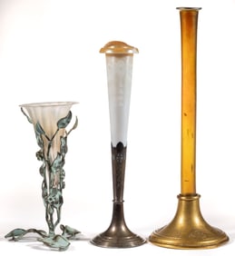 STEUBEN ATTRIBUTED IRIDESCENT ART GLASS VASES, LOT OF THREE