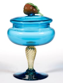 STEUBEN FIGURAL PEAR ART GLASS COVERED VASE
