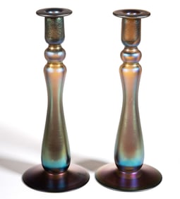 IMPERIAL FREE HAND ART GLASS PAIR OF CANDLESTICKS