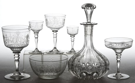 EUROPEAN LOBMEYR-STYLE BLOWN AND FINELY ENGRAVED CRYSTAL TABLEWARE SET, LOT OF 43