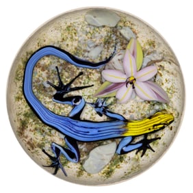 JIM D'ONOFRIO (AMERICAN, B. 1951) STRIPED LIZARD IN THE DESERT LAMPWORK STUDIO ART GLASS PAPERWEIGHT