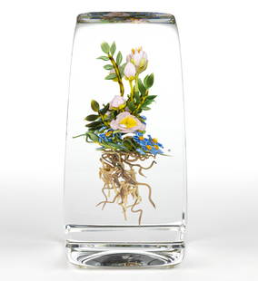 PAUL STANKARD (AMERICAN B. 1943) FLORAL BOUQUET, BEE, AND ROOT PEOPLE LAMPWORK BOTANICAL STUDIO ART: PAUL STANKARD (AMERICAN B. 1943) FLORAL BOUQUET, BEE, AND ROOT PEOPLE LAMPWORK BOTANICAL STUDIO ART GLASS PAPERWEIGHT, tall rectangular form with a lower cut creating a base, tall central floral bouqu
