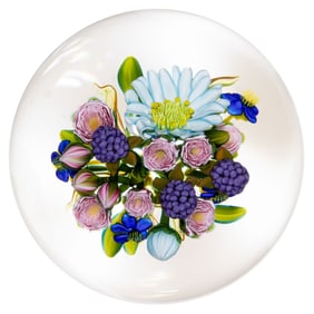 KEN ROSENFELD (AMERICAN, B. 1950) FLORAL BOUQUET LAMPWORK STUDIO ART GLASS PAPERWEIGHT