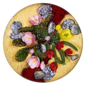 KEN ROSENFELD (AMERICAN, B. 1950) CACTUS IN THE DESERT LAMPWORK STUDIO ART GLASS PAPERWEIGHT