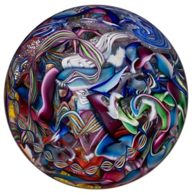 JAMES ALLOWAY (AMERICAN, B. 1957) PSYCHEDELIC SCRAMBLED STUDIO ART GLASS MAGNUM PAPERWEIGHT MARBLE