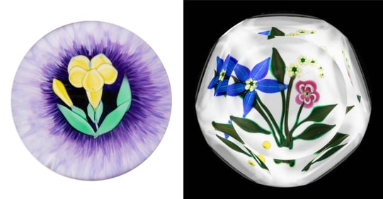 FRANCIS WHITTEMORE (AMERICAN 1921-2020) FLORAL LAMPWORK STUDIO ART GLASS PAPERWEIGHTS, LOT OF TWO