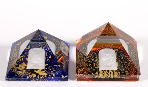 MARCOLIN PYRAMID / HIEROGLYPHICS SULPHIDE ART GLASS PAPERWEIGHTS, LOT OF TWO