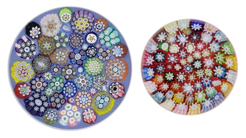 PETER MCDOUGALL (SCOTTISH, B. 1952) CLOSE PACK MILLEFIORI STUDIO ART GLASS PAPERWEIGHTS, LOT OF TWO