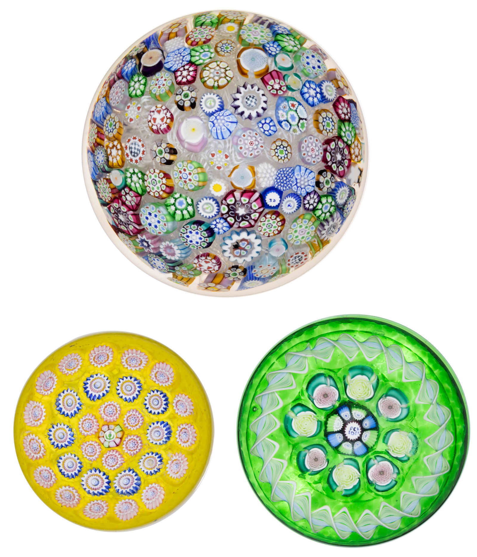 JOHN DEACONS (SCOTTISH, B. 1950) MILLEFIORI STUDIO ART GLASS PAPERWEIGHTS, LOT OF THREE (1 of 4)