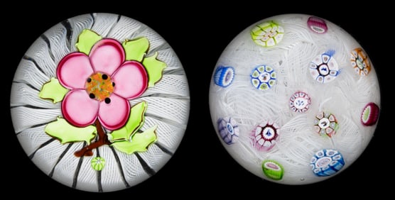 SCOTTISH LAMPWORK AND MILLEFIORI ART GLASS MINIATURE PAPERWEIGHTS, LOT OF TWO