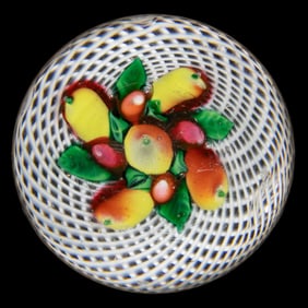 ANTIQUE SANDWICH FRUIT BOUQUET LAMPWORK ART GLASS PAPERWEIGHT