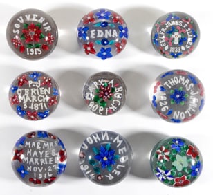 AMERICAN LAMPWORK AND SOUVENIR ART GLASS PAPERWEIGHTS, LOT OF NINE