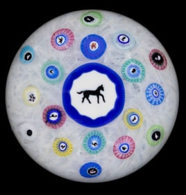 VINTAGE BACCARAT HORSE GRIDEL SILHOUETTE AND MILLEFIORI ART GLASS PAPERWEIGHT